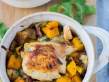 Chicken Thighs with Caramelized Onion, Butternut Squash and Bacon