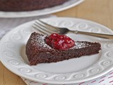 Flourless chocolate cake with strawberry-rhubarb jam