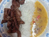 Quick Shallow fried beef strips with daal chawal