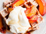 Belgian Buttermilk Waffles with Roasted Peaches and Vanilla Mascarpone