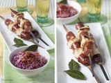 Beer and Honey Marinated Chicken and Jalapeno Smoked Sausage Kebabs with Warm Cabbage Slaw