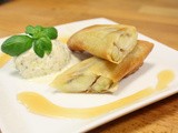 Banana spring rolls with pistachio basil ice-cream