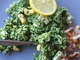Roasted garlic, spinach and coriander rice with feta and cashews