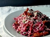 Beet Pasta Carbonara with Peas & Bacon