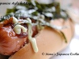 Japanese style hot dog with wasabi mayo & shredded nori