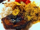 Steak, farofa and rice with black beans