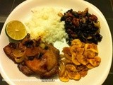 Sticky lime and chilli pork with rice & black beans & plantain chips