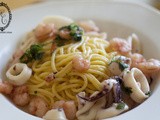 Prawns and squid pasta with spicy sauce