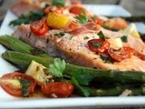 Quick and Easy Oven Roasted Salmon with Tomatoes and Asparagus