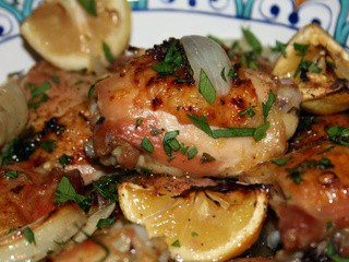 Quick Fix Roast Lemon Chicken Thighs with Garlic, White Wine and Fresh Herbs