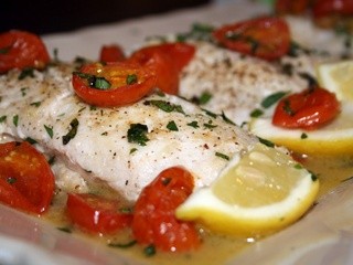 Red Snapper in a Lemon, Creme Fraiche, Oregano Sauce with Roasted Tomatoes