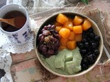 地瓜圆紅豆泥珍珠粉圓绿茶豆花Sweet Potato & Pearl q Balls with Red Bean Paste and Green Tea Tau Fu Fa