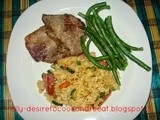 Beef Steak, Fried Rice and Green Beans Salad