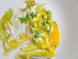 Celeriac Panna Cotta, Slow Poached Egg Yolk, Peas, Pickled Celery & Celery Leaves