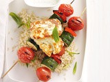 Vegetable kebabs with grilled haloumi, garlic yoghurt and lemon rice recipe