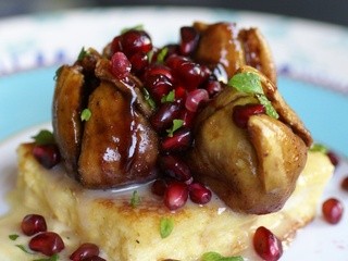 His and hers breakfast . french toast with figs + pomegranate + white chocolate ganache