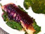 One Skillet Salmon & Spinach with Blueberry Balsamic Topping #cic