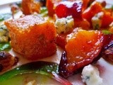 Roasted butternut squash salad with spiced plums, hazelnuts and blue cheese