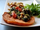 Red pepper semolina crepes with broccoli rabe & chickpeas