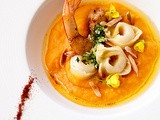Tortellini Formaggi on Pumpkin Puree, Buttered Prawns Dressed with Gremolata & Roasted Slivered Almonds