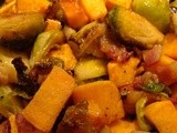 Maple Roasted Sweet Potatoes & Brussels Sprouts w/ Bacon & Cayenne