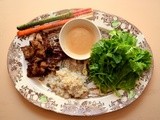 Vietnamese Cooking: Chicken Satay with lettuce, herbs, peanut sauce and brown rice