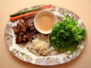 Vietnamese Cooking: Chicken Satay with lettuce, herbs, peanut sauce and brown rice