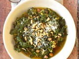Chard, broccoli and chickpea broth with basil and pine nuts