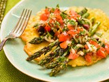 Socca pancakes with char-grilled asparagus, tomato and herbs