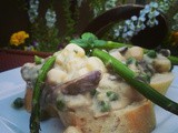 Valentine’s Day Appetizer Feature: Bay Scallop Bread Pudding with Spring Peas and Mushrooms