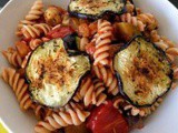 Brown rice Pasta with marinated courgettes, eggplants and tomato