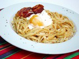 Linguine in Cream Sauce with Poached Eggs and Bacon