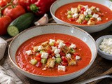 Klasični hladni gazpacho s feto in česnovimi krutoni