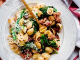 Orecchiette with Spicy Sausage, Broccoli Rabe, Sun-Dried Tomatoes, and Olives