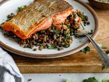 Pan Seared Salmon with Caper Herb Vinaigrette and French Lentil Salad