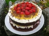 Chocolate Pomegranate Cake with Lemon Curd and Strawberries