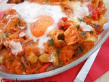 Beans and vegetables with eggs on top