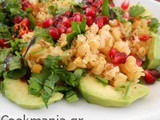 Red lentils salad with pomegranate and avocado