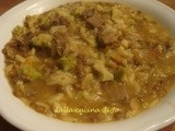Zuppa di risoni, carne, lenticchie e broccolo romano