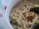 Chilli and tahini noodle soup with broccoli and tempeh