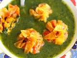 Spicy paneer wontons in a gentle spinach soup