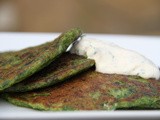 Spinach, spring onion and spice pancakes with lime and coriander crème fraîche