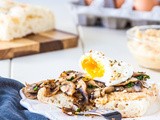 60 second microwave poached eggs with mushrooms, hummus & dukkah on Turkish toast
