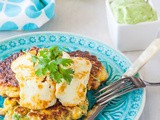 Corn and avocado fritters with avocado, yoghurt, coriander & lime sauce