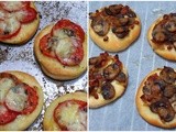 Deux variantes de mini-pizza (ou pizzette), aux champignons et aux tomates