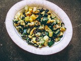 Roasted zucchini and crookneck squash with pumpkin seeds, oregano, and olives