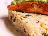 Spa Food - Stir Fried Garlicky Rice with Tofu n Basil Served with Salmon Fish Fry and Green Peas Mash