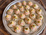Deviled Quail Egg Shrimp Canapés