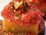 Mango Chai & Pomegranate Chive Gelees w/ Honey Poached Radish on Raspberry Quinoa Cakes (Vegan & Gluten Free)