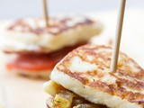 Mini Inside Out Grilled Cheese w/ bbq Chicken, Bacon Fried Onions & Roasted Corn